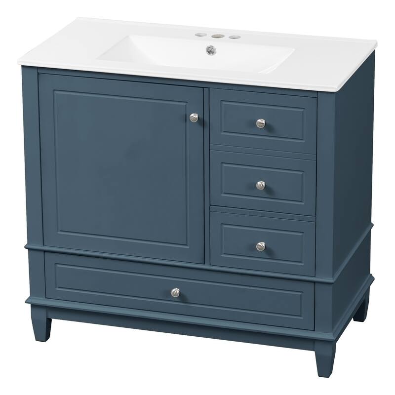 Roomfitters 36" Bathroom Vanity with Ceramic Sink, Solid Wood Frame, 3 Drawers & Soft-Close Door with Racks