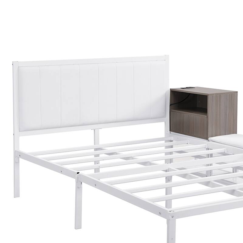 Modern Twin/Full Metal Bed Frame with Upholstered Top, Storage Shelves, and Wooden Cabinet