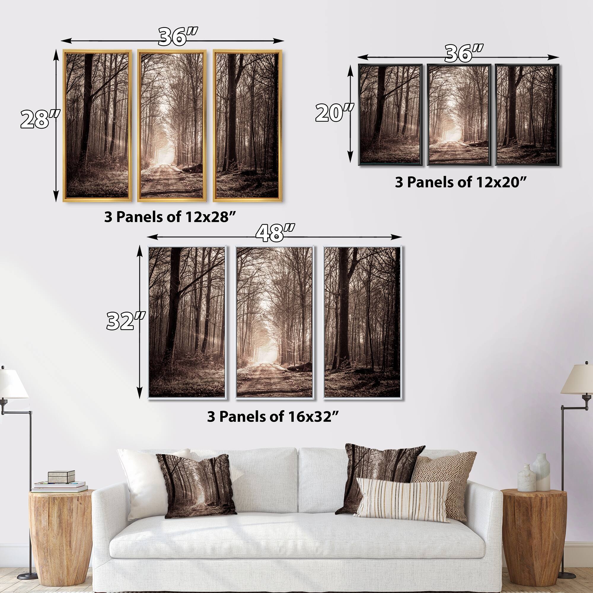 Designart "Forest Trail in Sepia" Landscape Framed Canvas Wall Art Set