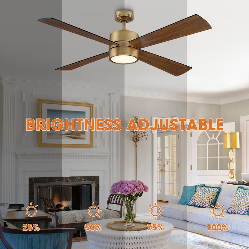 52" Antique Brass Wood 4-Blade Indoor Ceiling Fan with Light and Remote