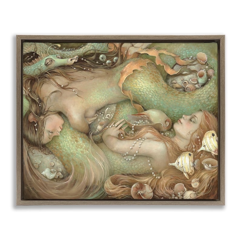 Stupell Two Mermaids Underwater Framed Floater Canvas Wall Art Design by Christina P. Wyatt - 21 x 17 - Brown