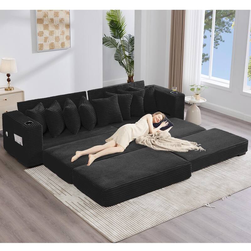 110.75" Corduroy Sectional Sofa, Convertible Sleeper Sofa Bed L-Shaped Upholstered Couch with Removable Footstool, Cup Holder