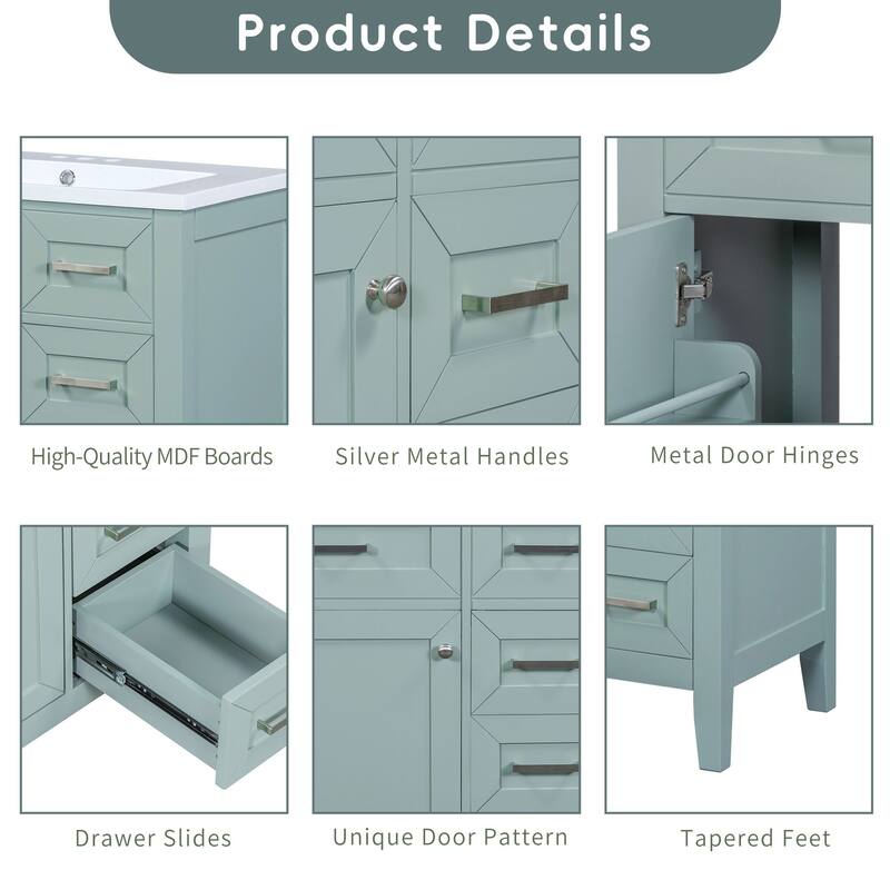 30-Inch Freestanding White Bathroom Vanity with Ceramic Sink, Storage Cabinet & Black Handles