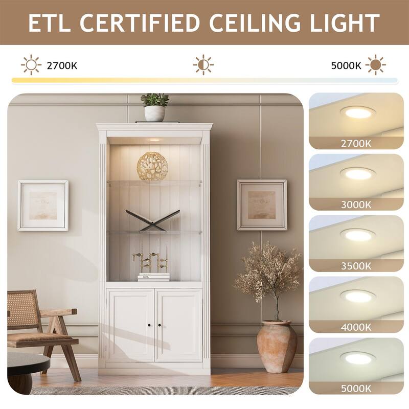 78.75" Farmhouse Display Shelf with Dimmable Ceiling Light, Adjustable Glass Shelves & Doors