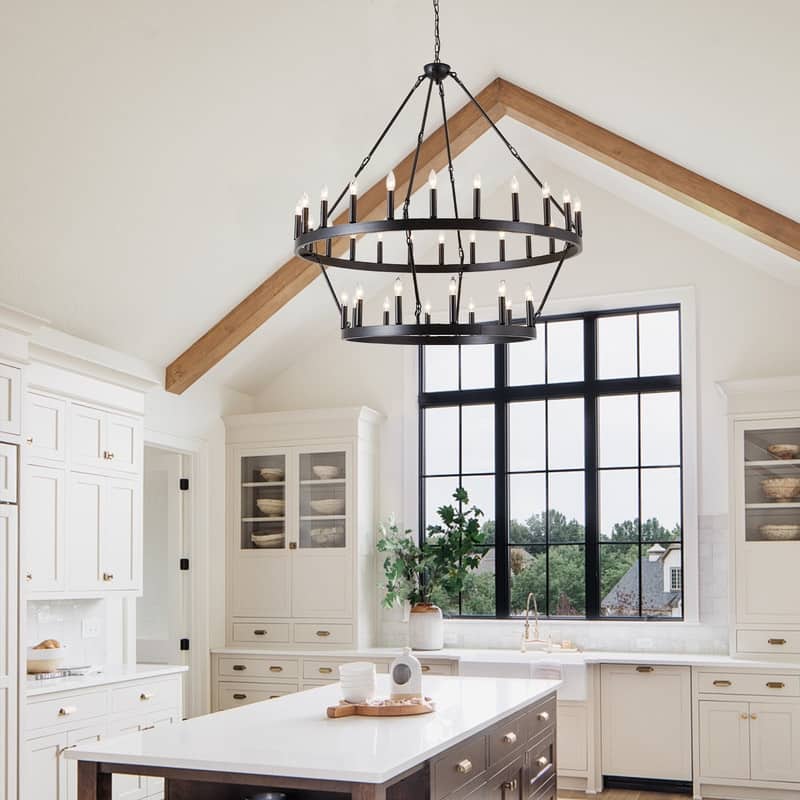 Large Modern Farmhouse Candle Chandeliers 2 Tier Black Wagon Wheel Chandeliers