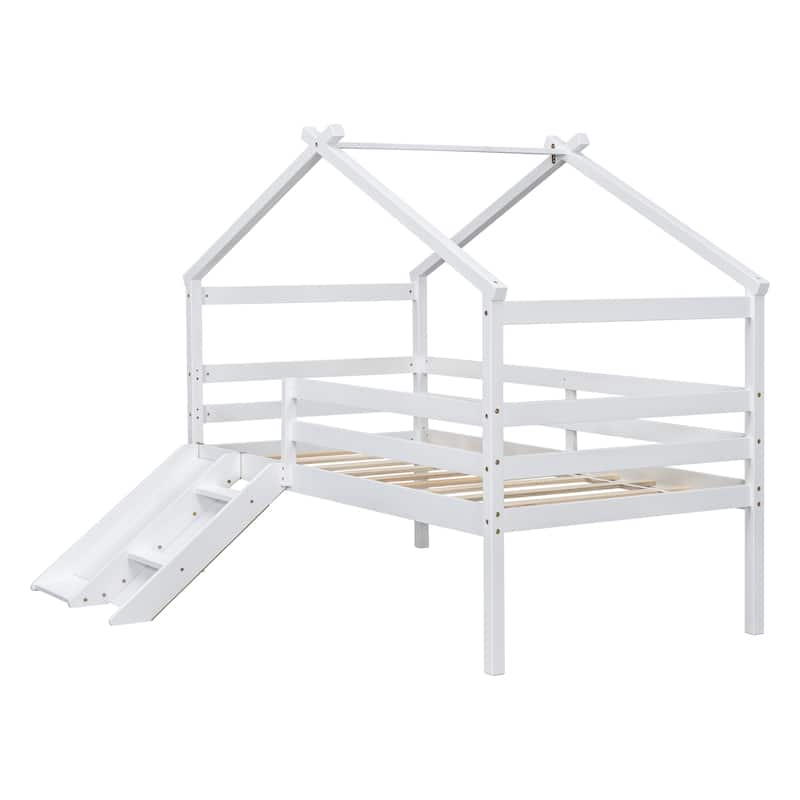Roomfitters Twin Low Loft House Bed with Slide and Ladder, Safety Guardrails, House Roof Frame, No Box Spring Needed