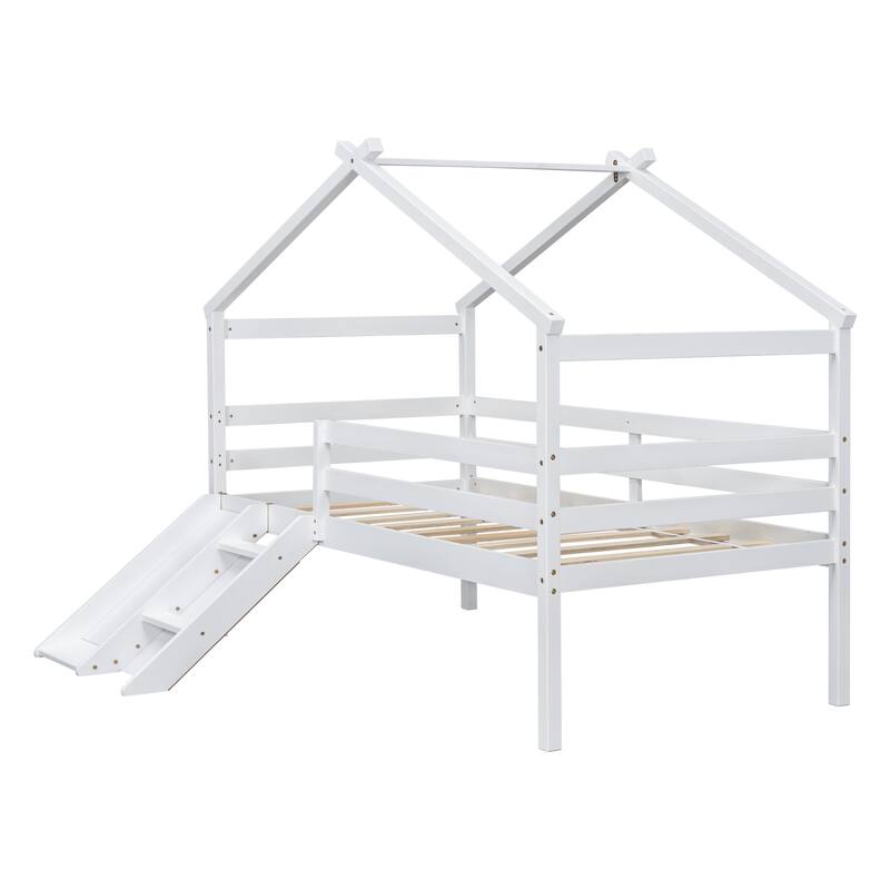 Twin Low Loft House Bed with Slide, Ladder, Safety Guardrails, House Roof Frame