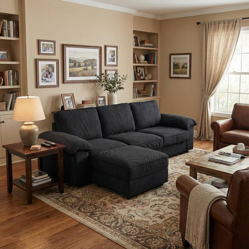 Upholstered L-Shaped Sectional Sofa Couch with Ottoman, Modern Fabric Deep Seat Sofa