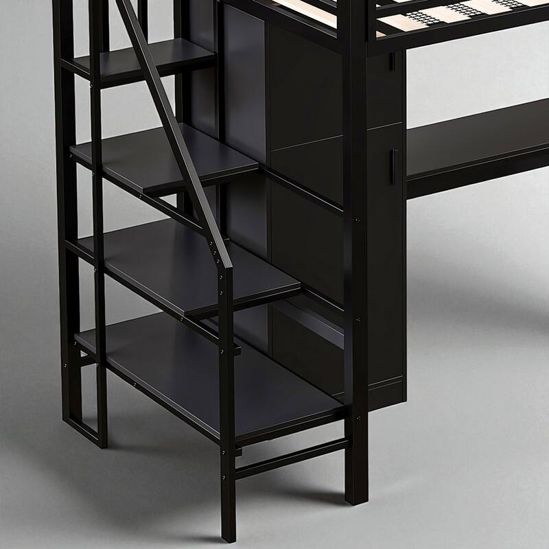 Metal Twin Loft Bed with Desk, Wardrobe, Shelf, and Storage Staircase, No Box Spring Needed