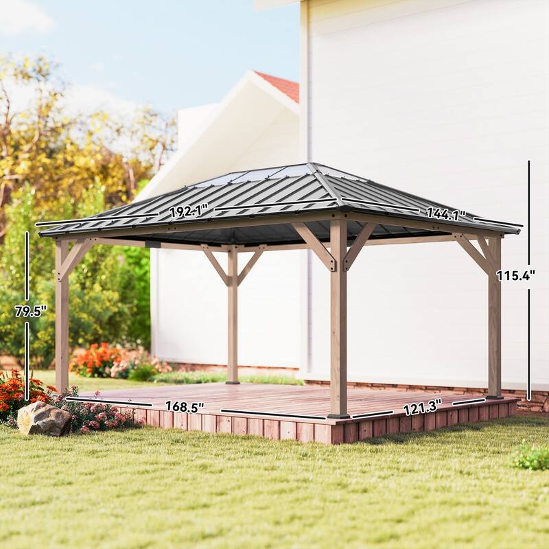 Outsunny 12' x 16' Hardtop Gazebo with Galvanized Steel Roof, Wood Permanent Pavilion Canopy Shelter with Roof Top,Light Walnut