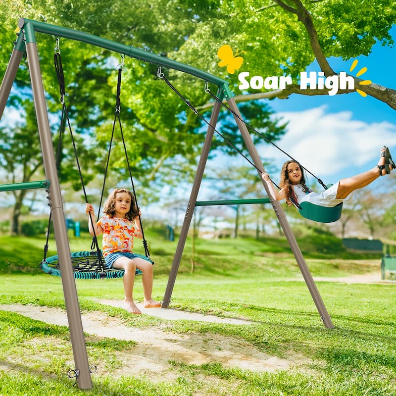 Hapfan 7.5ft Tall 500lbs Heavy Duty Swing Sets for Kids and Adults with Spider Swing and Belt Swing Perfect for Backyard Fun