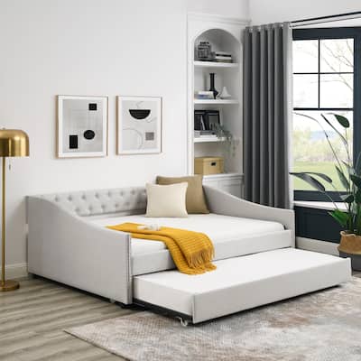 Full Size Daybed with Twin Size Trundle Upholstered Tufted Sofa Bed, with Button on Back and Copper Nail