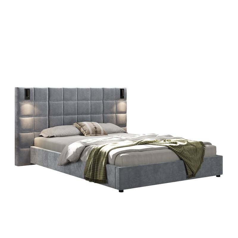 Velvet Upholstered Platform Bed with with reading lamp and USB port
