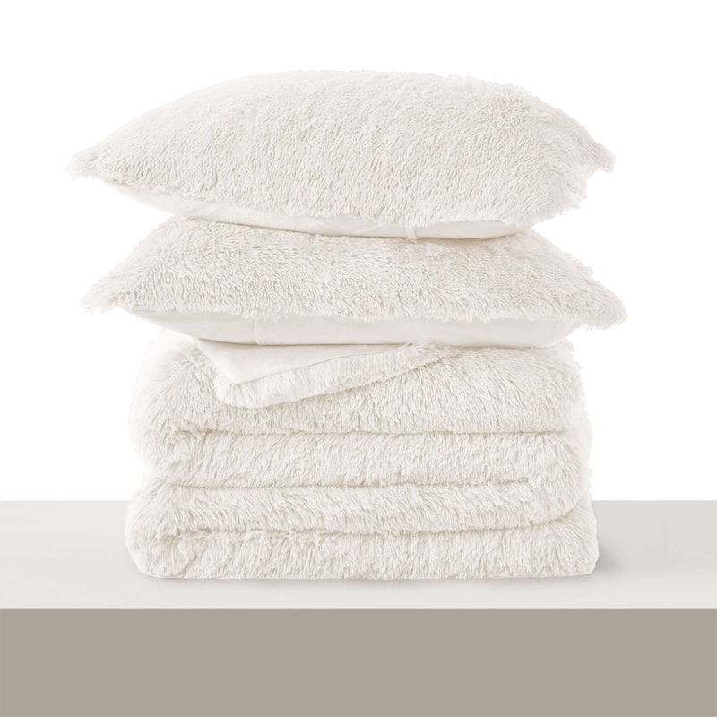 Fluffy Shaggy Reversible Faux Fur Comforter Set, Fuzzy Plush Bedding Set