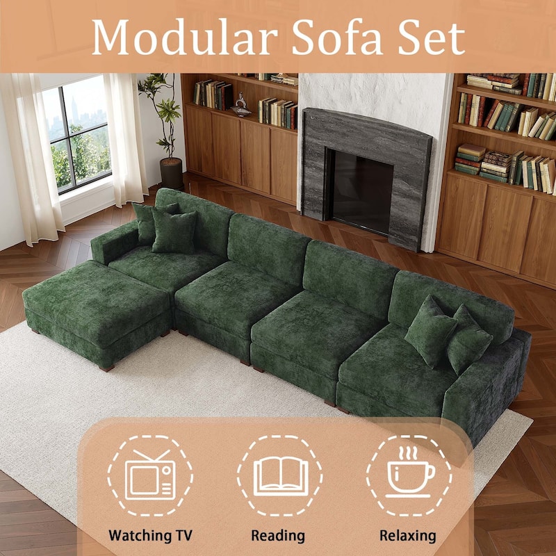 Oversized Chenille Modular Sectional Sofa Living Room Set with Ottoman