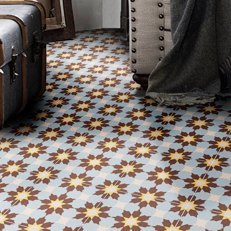 Ahfir Handmade Cement Tile, 8x8, Brown/Blue/Yellow