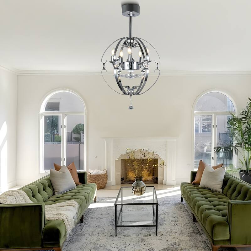 CurveCurio Elegant 20" Chrome Metal Frame Fanlight with Crystal Accents, 5 Lights, Quiet DC Motor for Modern Kitchens