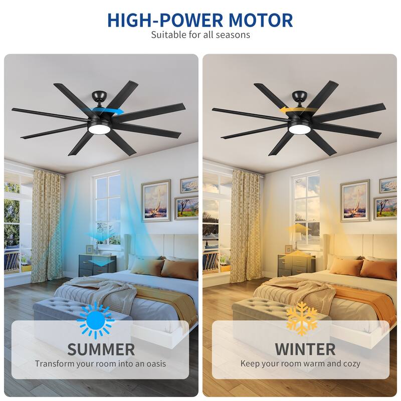 Moasis 8 Blade Ceiling Fan with Light and Remote 65 Inch Large Black Ceiling Fan - 65"