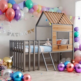 Twin Size Loft Bed With Roof and Window,Guardrail and Ladder for Home