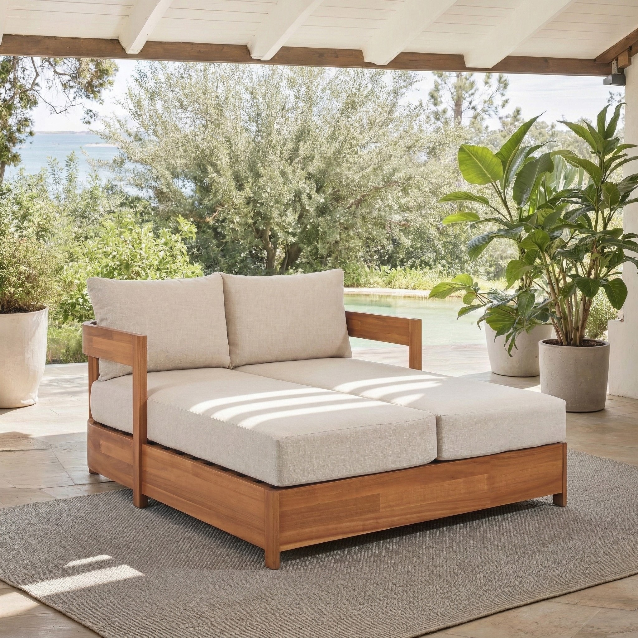 SAFAVIEH Outdoor Patio Furniture Kento Solid Wood Daybed - 52"W x 63"D x 23"H
