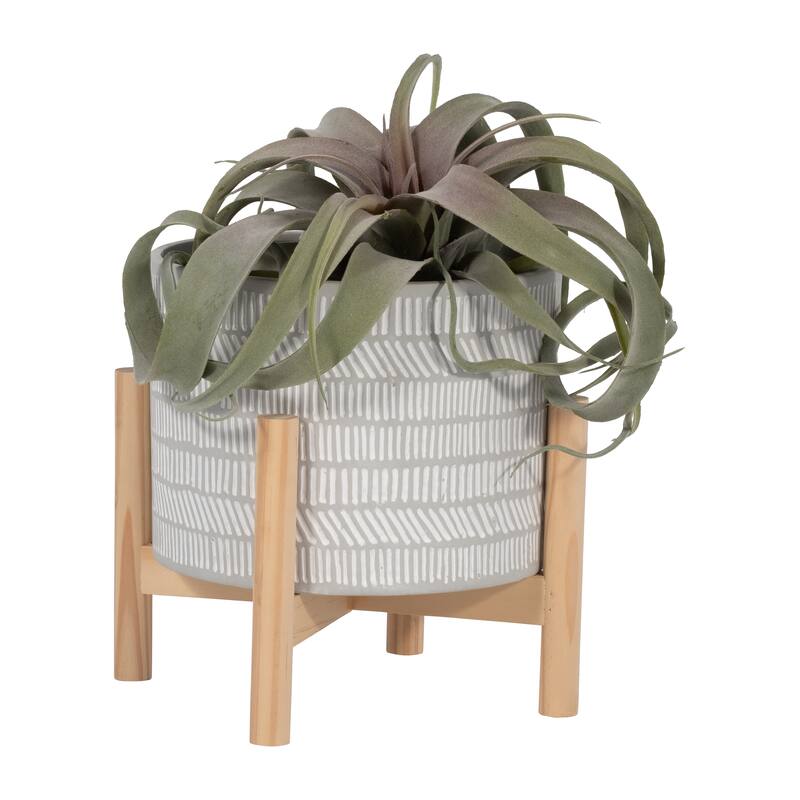 Sagebrook Home Neutral Ceramic Ivory Line Design Planter on Wooden Stand