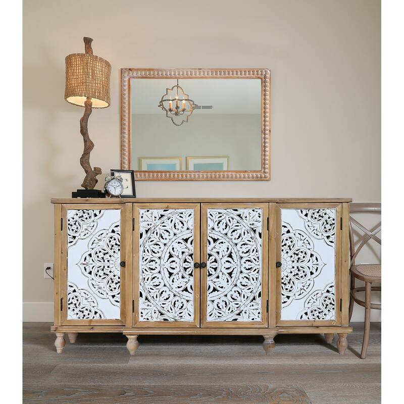 Wood Framed Rectangle Mirror - Farmhouse Beaded Design, Wall-Mounted Vanity Mirror - Antique Natural