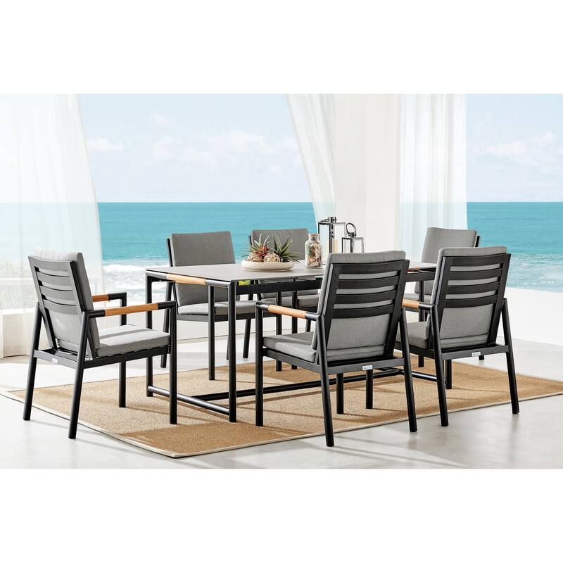 Crown 7 Piece Black Aluminum and Teak Outdoor Dining Set with Dark Grey Fabric