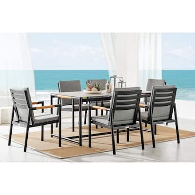 Crown 7 Piece Black Aluminum and Teak Outdoor Dining Set with Dark Grey Fabric