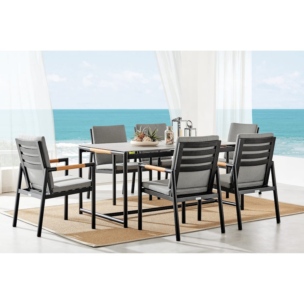 Crown 7 Piece Black Aluminum and Teak Outdoor Dining Set with Dark Grey Fabric