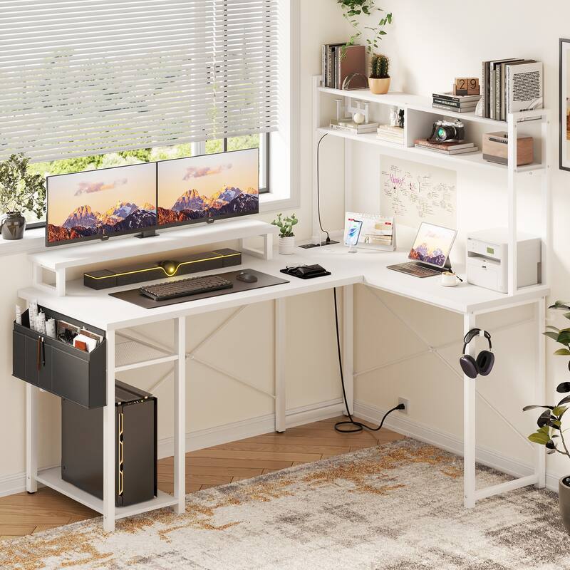 Farmhouse L-shaped Desk with Power Outlet, Gaming Table with Hutch and LED Light
