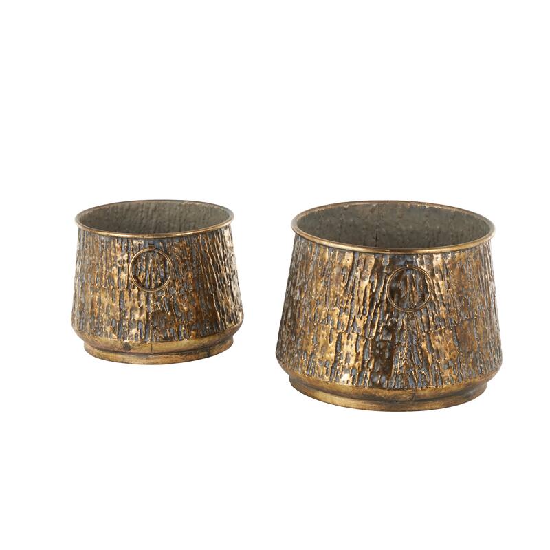 Brass Metal Textured Abstract Indoor Outdoor Planter with Gray Weathered Spots and Ring Handles (Set of 2)
