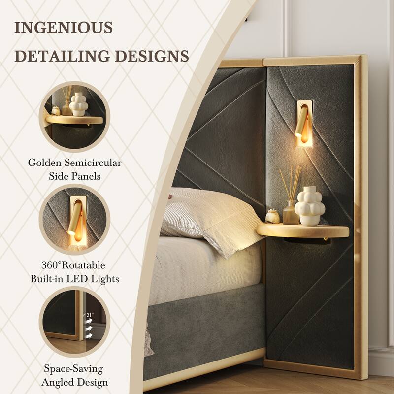 Christopher Knight Home - Voss Velvet Upholstered Bed with 2 Built-in LED Lights and 2 Storage Side Panels