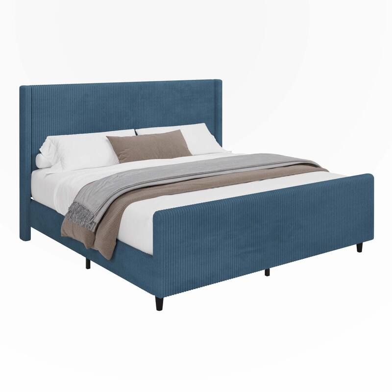 Corduroy Upholstered Bed Frame with Vertical Stripe Wingback and High Footboard
