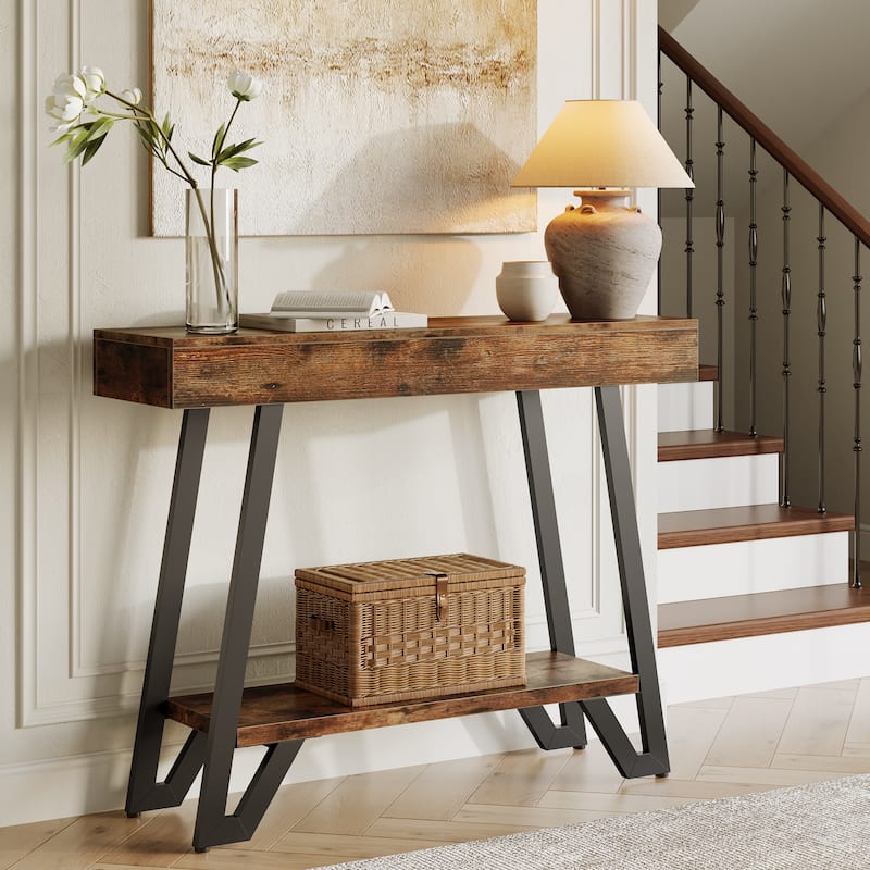 40.5 Inches Small Narrow Console Table with 2-Tier Storage Shelf - 40.5" W x 11.81" D x 31.5" H - Rustic Brown