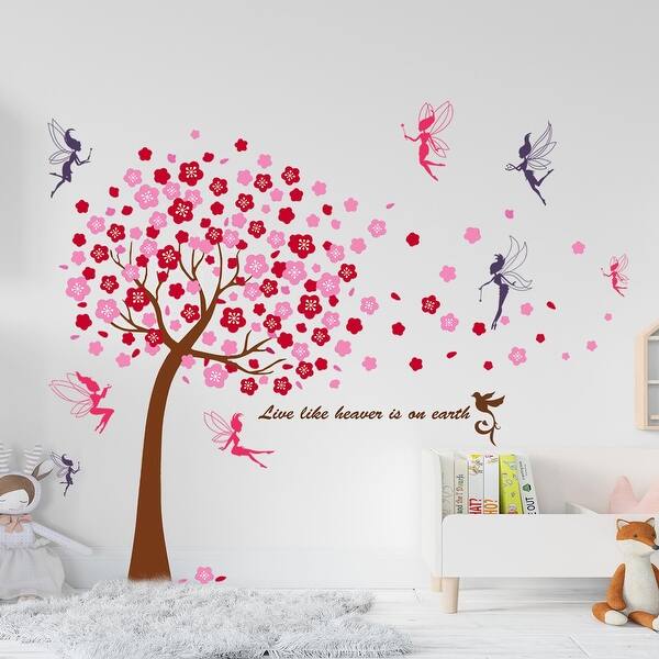 slide 2 of 7, Walplus Pink Cherry Tree Fairies Children Wall Sticker Nursery Decor