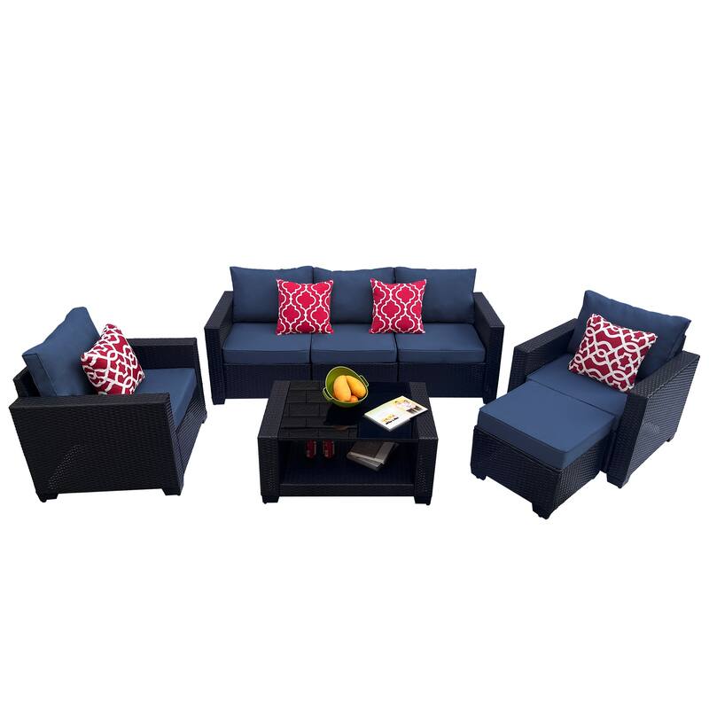 7 Piece Patio Furniture Set, Outdoor PE Rattan Wicker Sectional Sofa Set with 2 Sofa Chairs and Tempered Glass Table