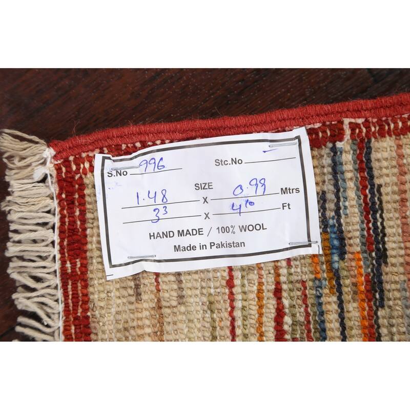 Vegetable Dye Striped Gabbeh Kashkoli Wool Area Rug Handmade Carpet - 3'3" x 4'10"