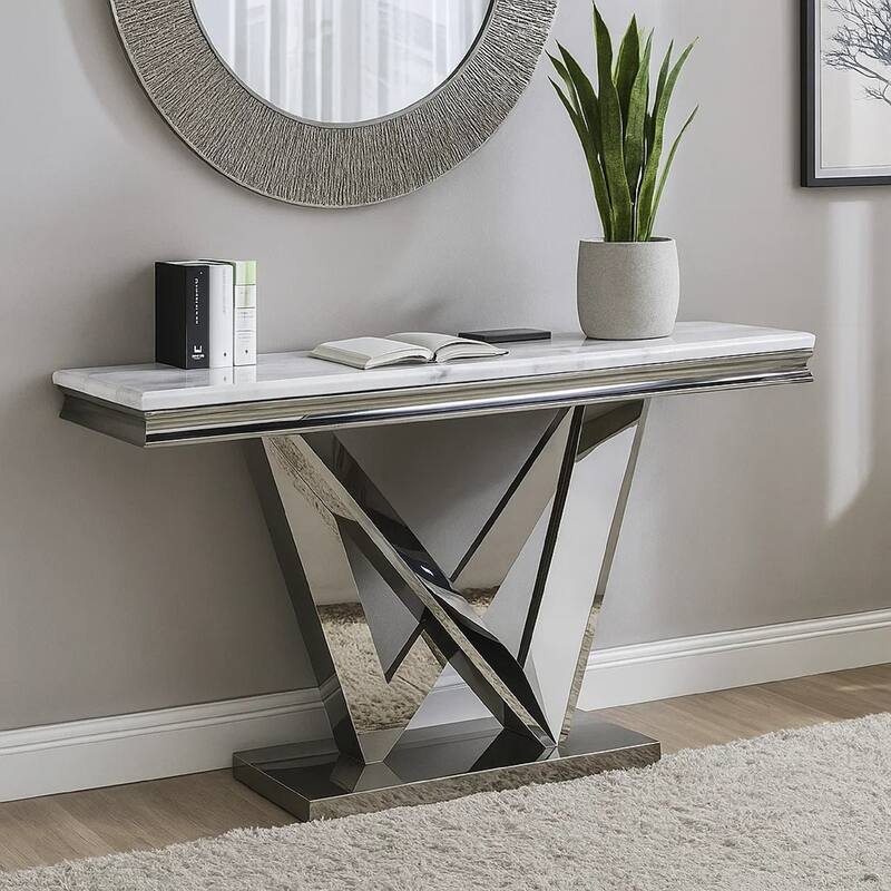 Vily Sofa Console Table, Beveled Faux Marble, Chrome Steel V-Base