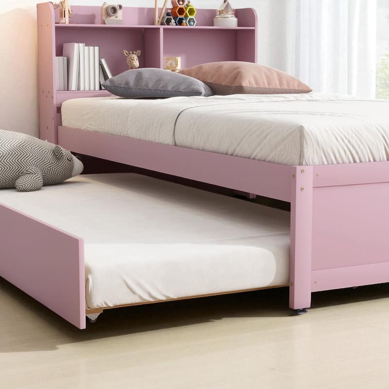 Twin/Full Bed Frame with Pull-Out Trundle and Bookcase Headboard, No Box Spring Needed