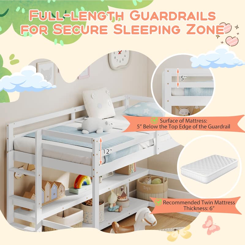 White Wood Frame Twin Loft Bed with Storage Shelves and Ladder Guardrails for Kids Room