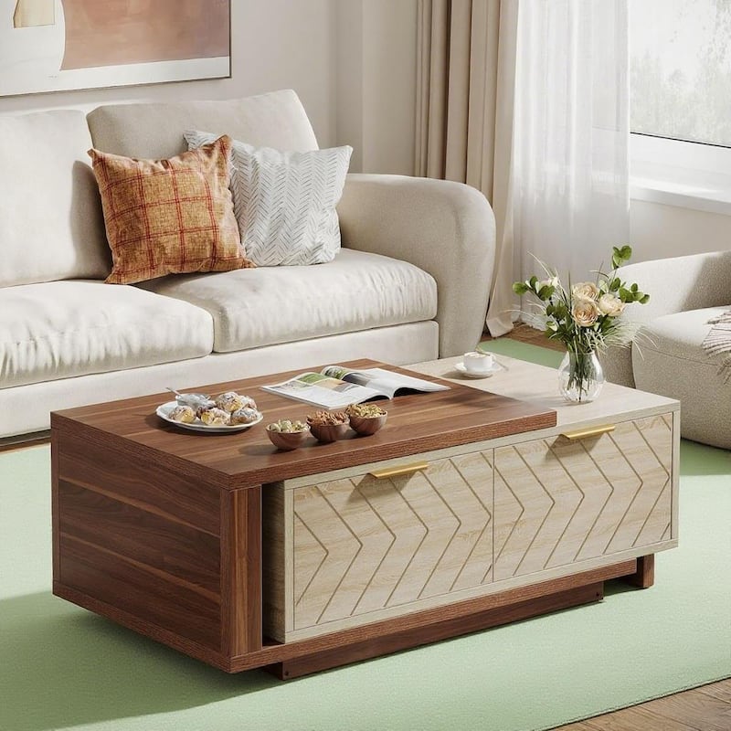 Wood Coffee Table with Expandable Top and 2 Drawers - 42.13 L x 23.62 W x 16.54 H inches