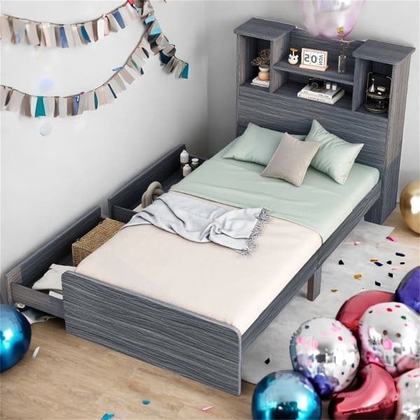 slide 2 of 12, Twin Size Platform Bed Frame with LED Light, Open Storage Shelves & Drawers, Grey