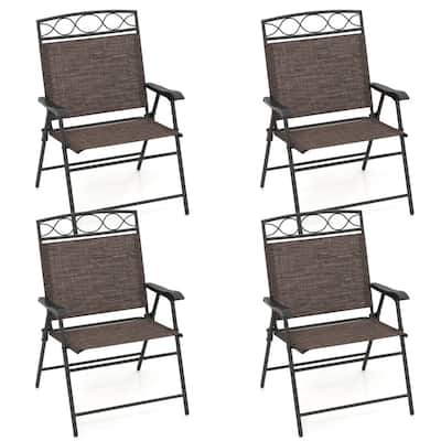 Brown Folding Patio Folding Chairs Set of 4 with Metal Frame and Ergonomic Design - 25.5" x 24" x 36" (L x W x H)