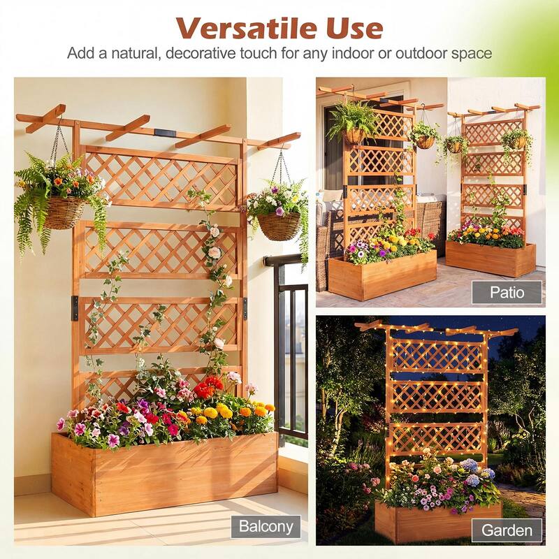 Gymax 2PCS Wooden Planter Box w/Lattice Trellis Flat Roof Drainage for