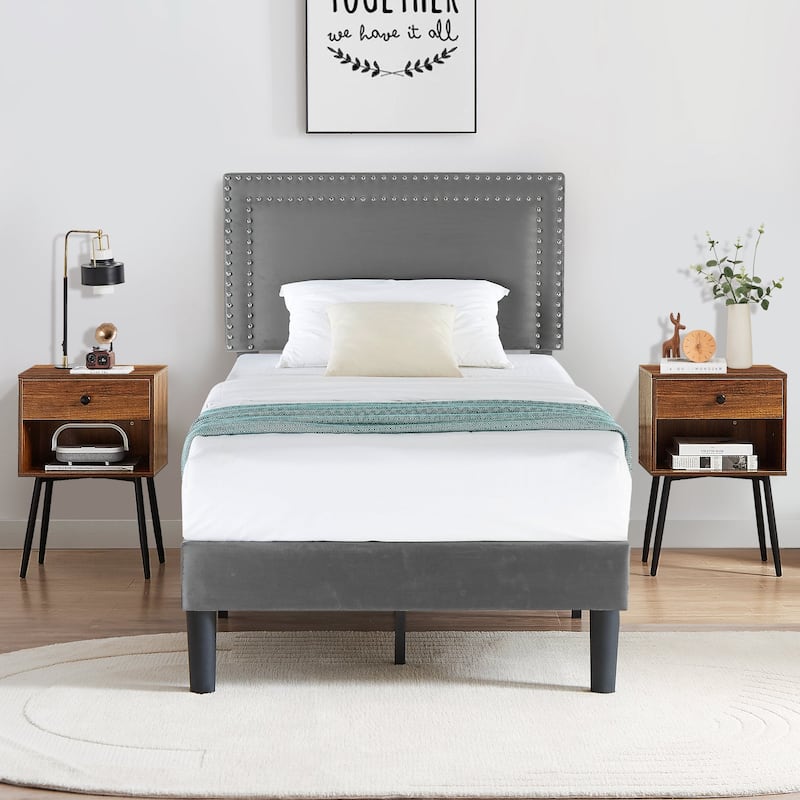 VECELO 3-Pieces Upholstered Platform Bed Frame with Adjustable Headboard and Nightstands Set of 2, Grey - Brown - Twin