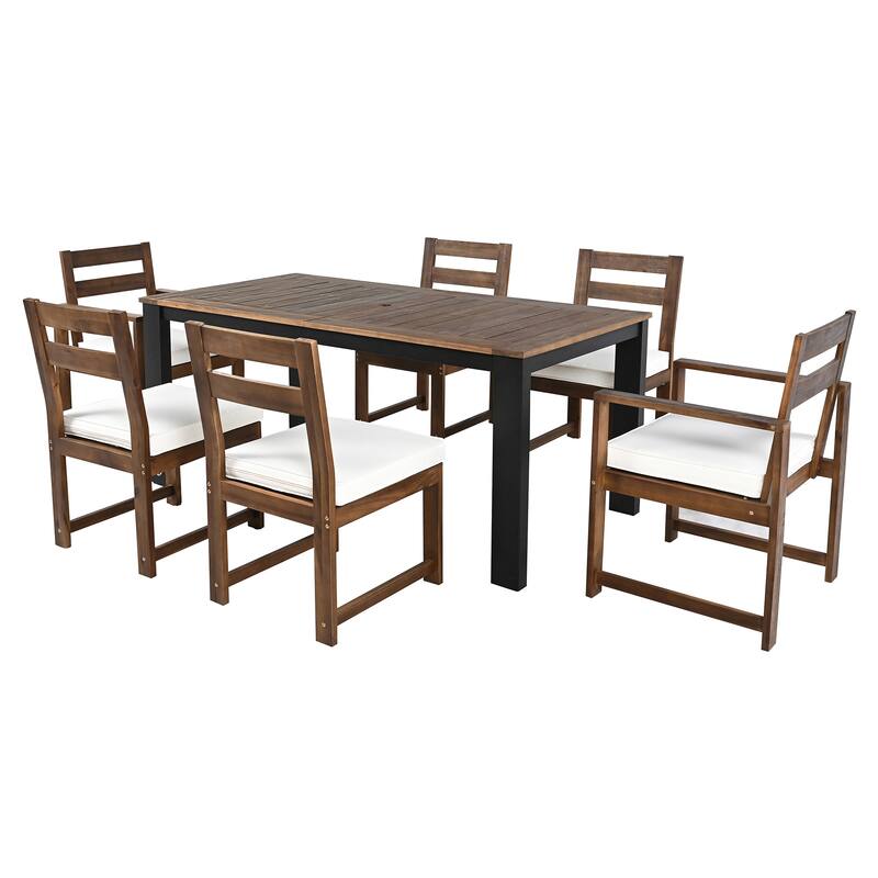 7 Piece Acacia Wood Outdoor Dining Set, All Weather Patio Furniture Set with Umbrella Hole, 2 Armchairs and 4 Side Chairs