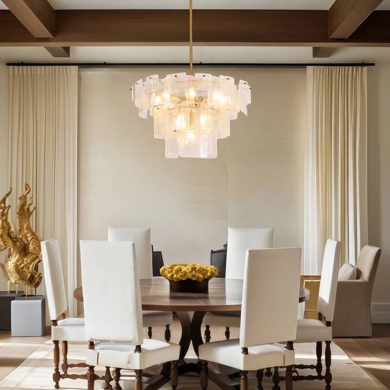 Calyra Modern Luxury 13-Light Tiered Gold Textured Handmade Glass Chandelier for Living Dining Room Foyer