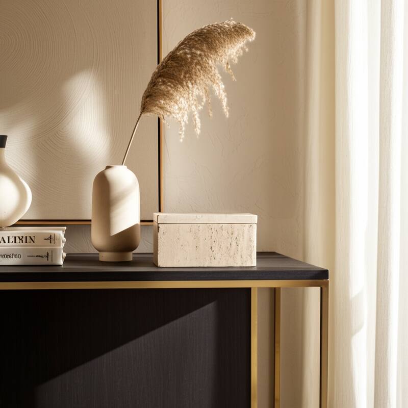 Travertine Decorative Box with Lid - Tan - 6.0"