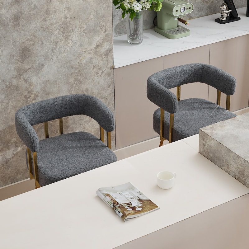 Modern Decorative Side Chair with Gold Metal Legs & Teddy Fleece, No Wheels - 2PC - Gray