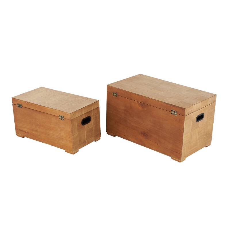 Brown Wood Handmade Decorative Trunk with Black Metal Accents and Square Patterns (Set of 2)